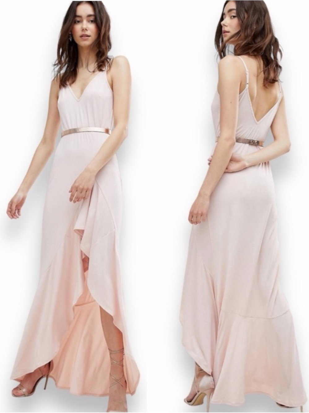 NWT ASOS DESIGN Blush Pink Ruffle Side Slit Cami Maxi Dress 6 Wedding Guest